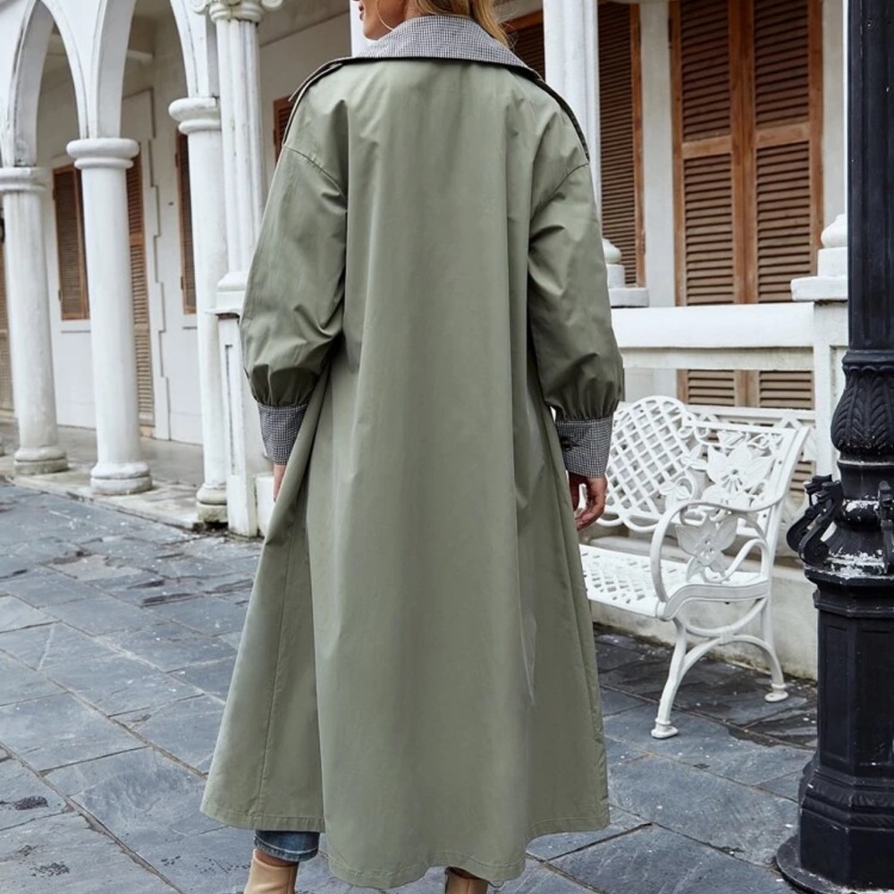 Green plaid trench coat long belted jacket button - Picture 3 of 5
